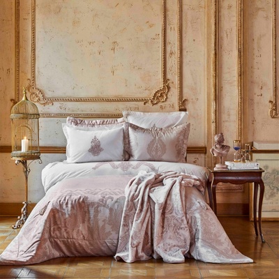 Набор постельное белье с покрывалом + плед Karaca Home - Adrila rosegold золотисто-розовый(10 предметов)