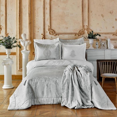 Набор постельное белье с покрывалом + плед Karaca Home -Adrilasilver серебро (10 предметов)