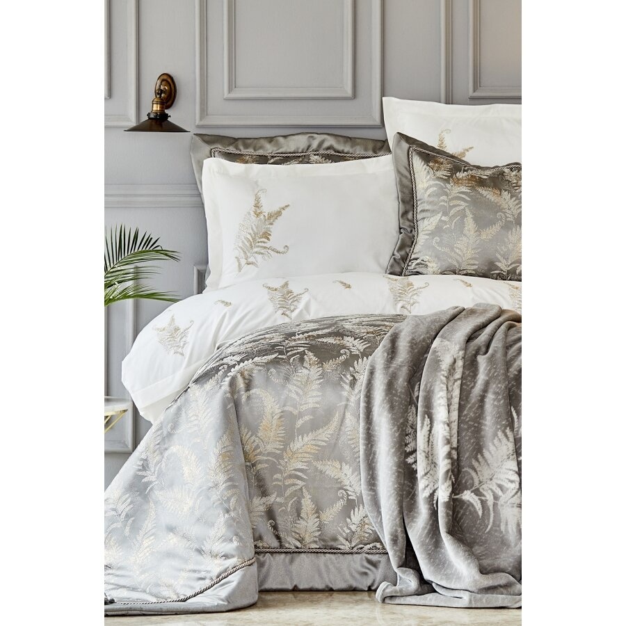 Набор постельное белье с покрывалом Karaca Home - Fronda gri серый