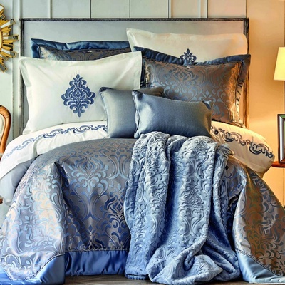 Набор постельное белье с покрывалом + плед Karaca Home - Queen safir синий (13 предметов)