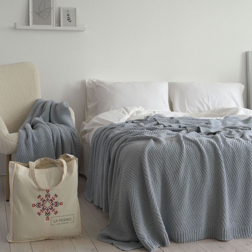 В'язаний плед LaModno WoolCotton Balance Sky Gray