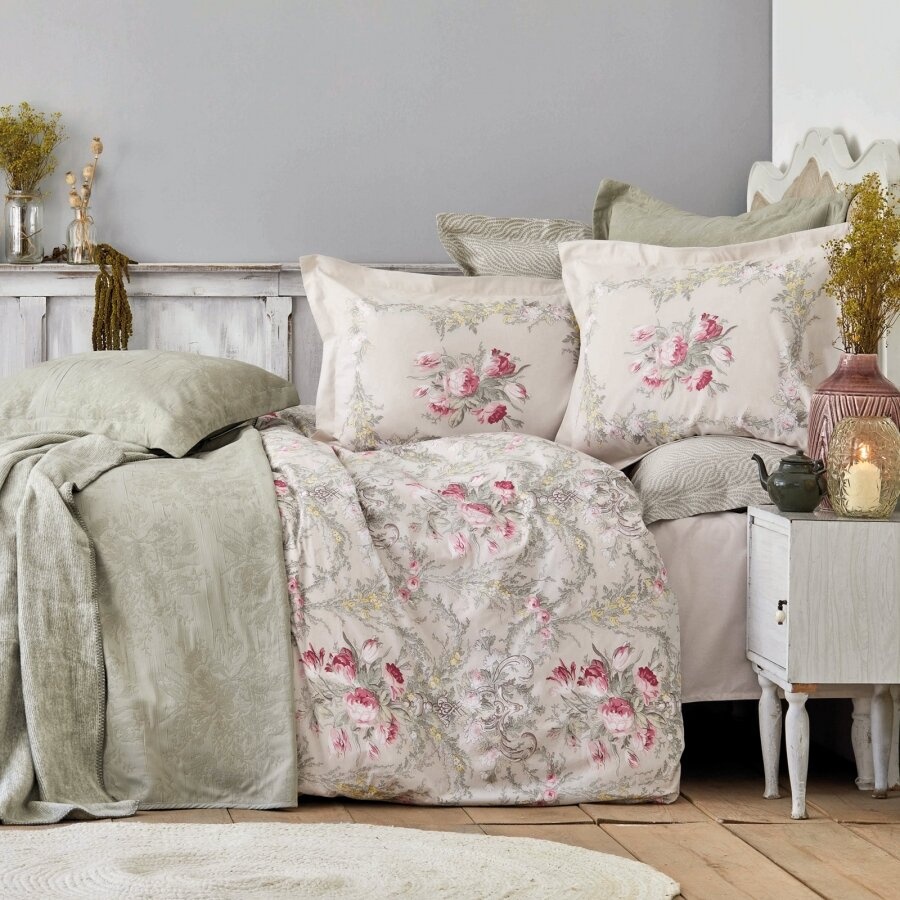 Набор постельное белье с покрывалом + плед Karaca Home - Petra pembe розовый