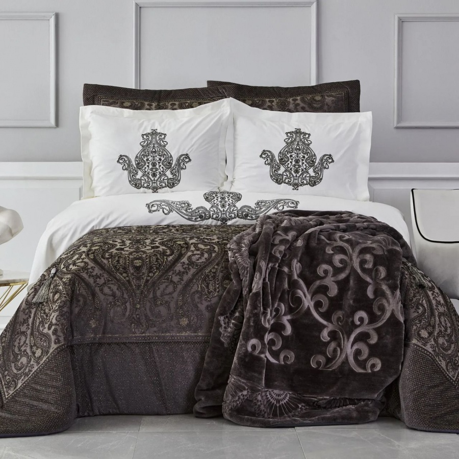 Набор постельное белье с покрывалом + плед Karaca Home - Glamour simli/antrasit антрацит (10 предметов)