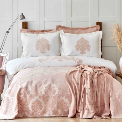 Набор постельное белье с покрывалом + плед Karaca Home - Adrienne pudra пудра (10предметов)