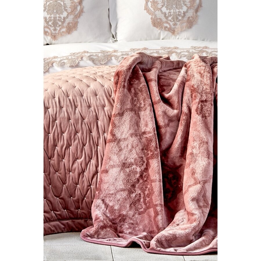 Набор постельное белье с покрывалом + плед Karaca Home - Chester pudra