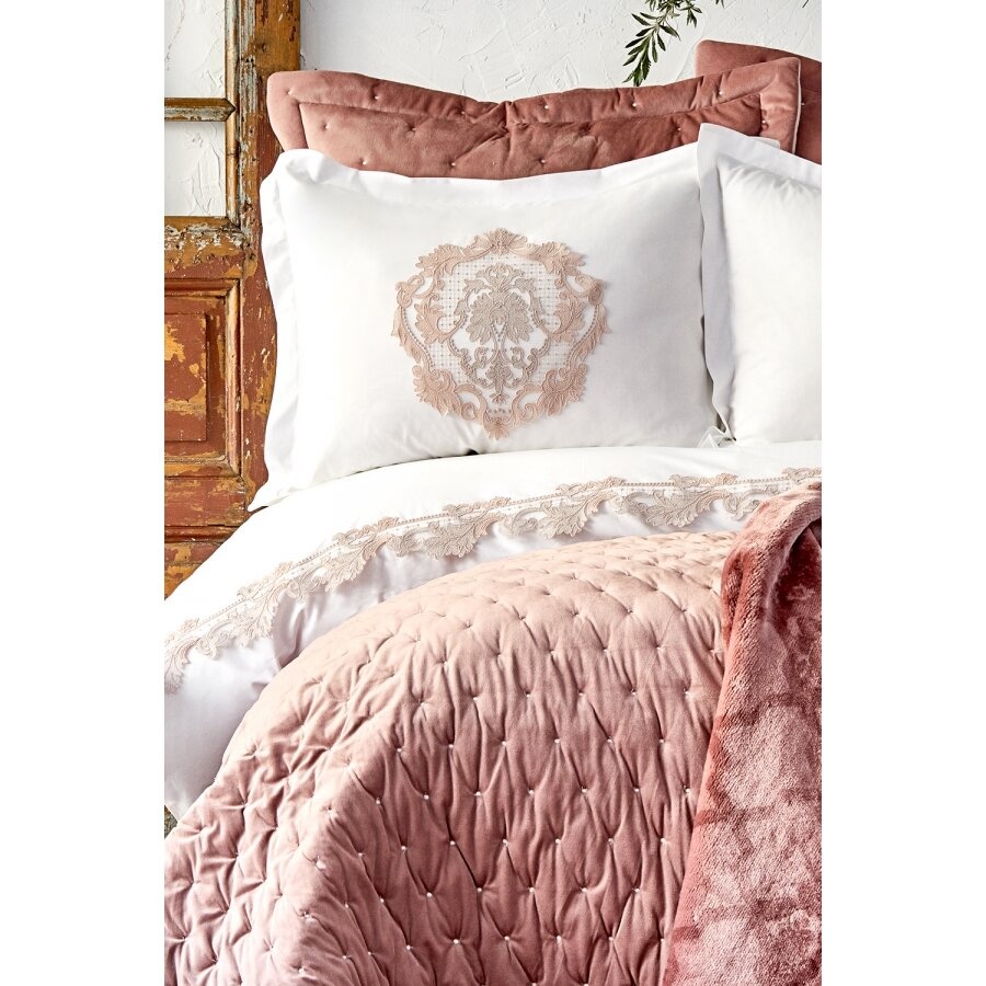 Набор постельное белье с покрывалом + плед Karaca Home - Chester pudra