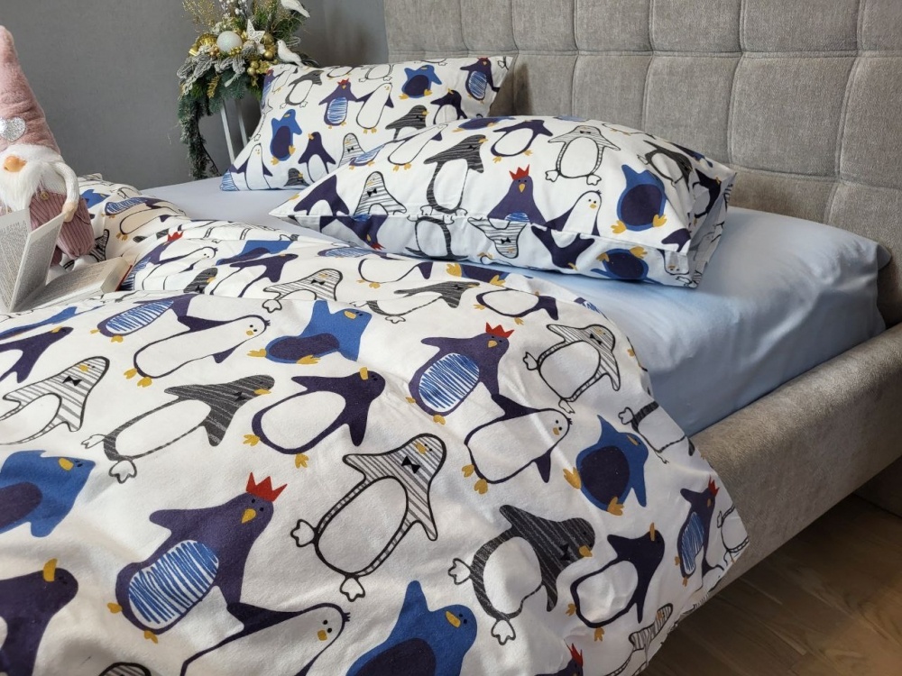 Постельное белье фланель Комфорт текстиль Пингвины/голубой, Turkish flannel