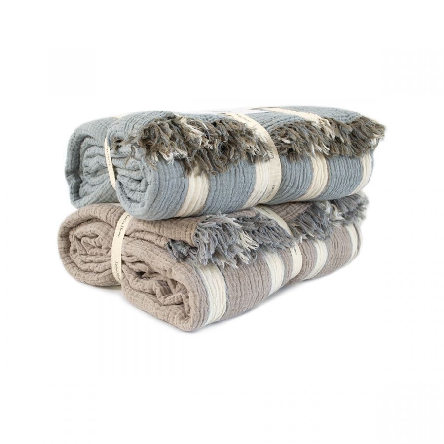 Пике покрывало-плед муслин Lotus Home - Linen muslin beige-lead blue