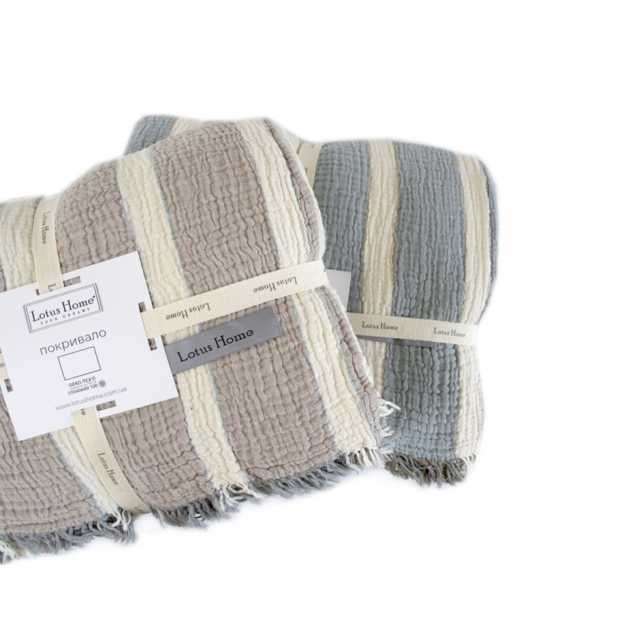 Пике покрывало-плед муслин Lotus Home - Linen muslin beige-lead blue