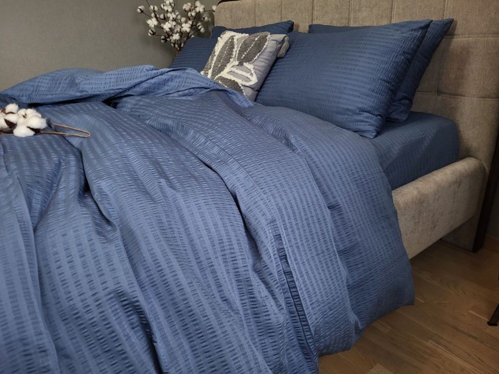 Постельное бельё сатин гофре Комфорт Текстиль S3035, Satin GOFRE, Cиний, 50х70см (2шт), Полуторный, 145х215 см, 145х220 см