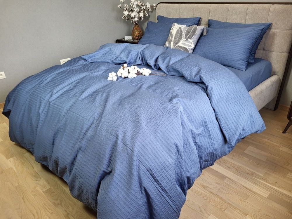 Постельное бельё сатин гофре Комфорт Текстиль S3035, Satin GOFRE, Cиний, 50х70см (2шт), Полуторный, 145х215 см, 145х220 см