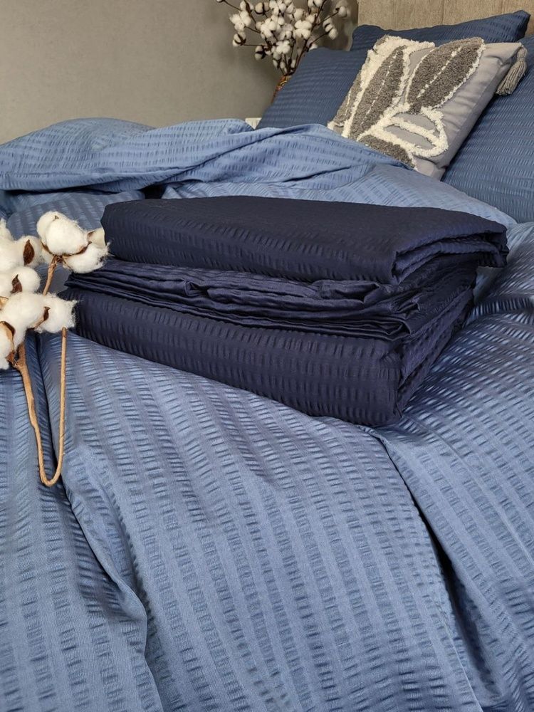Постельное бельё сатин гофре Комфорт Текстиль S3035, Satin GOFRE, Cиний, 50х70см (2шт), Полуторный, 145х215 см, 145х220 см