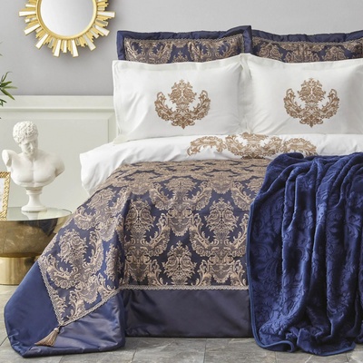 Набор постельное белье с покрывалом + плед Karaca Home - Helena lacivert синий (10 предметов)