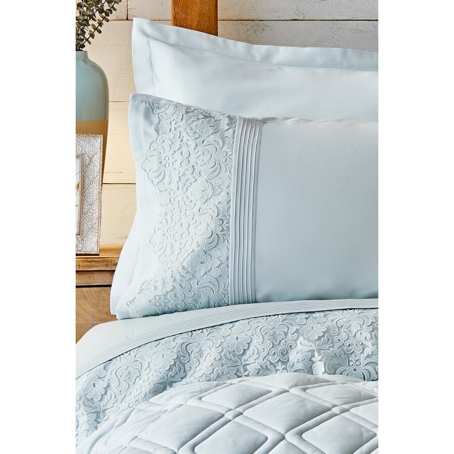 Набор постельное белье с одеялом Karaca Home - Carissa mavi голубой сатин (7 предметов)