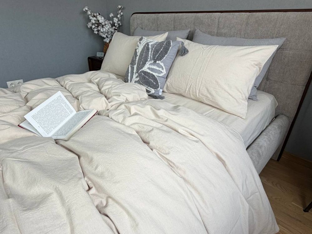 Простирадло на резинці варена бавовна Комфорт Текстиль, Creamy Beige, Washed Cotton W1361