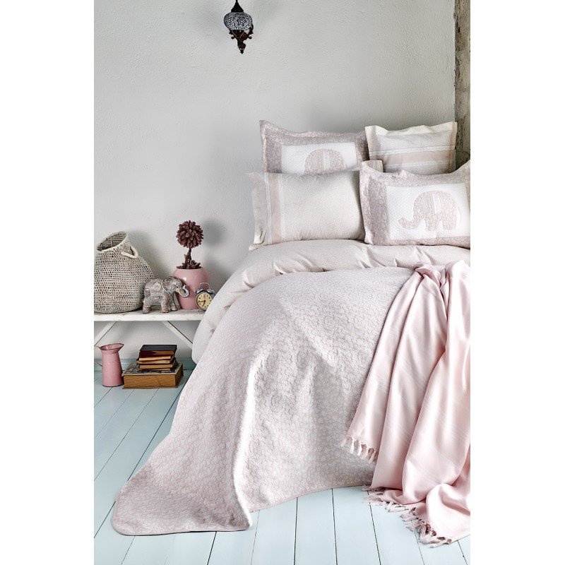 Набор постельное белье с покрывалом + плед Karaca Home - Zilonis pudra