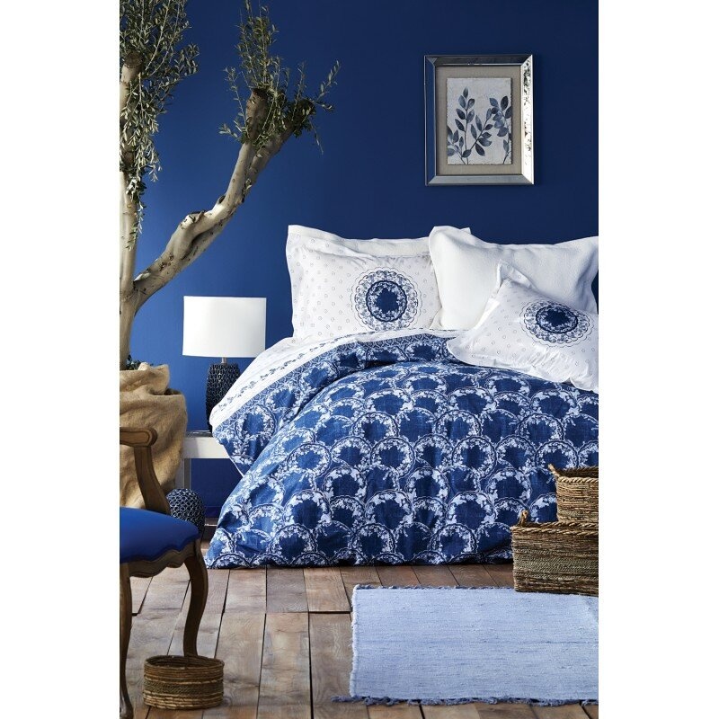 Набор постельное белье с покрывалом + плед Karaca Home - Belina mavi