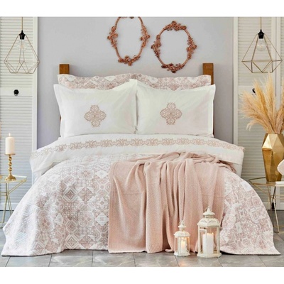 Набор постельное белье с покрывалом + плед Karaca Home Privat - Celine pudra пудра (10 пр)