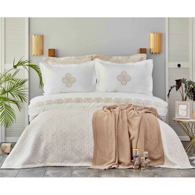 Набор постельное белье с покрывалом + плед Karaca Home Privat - Celine gold золотой (10 пр)