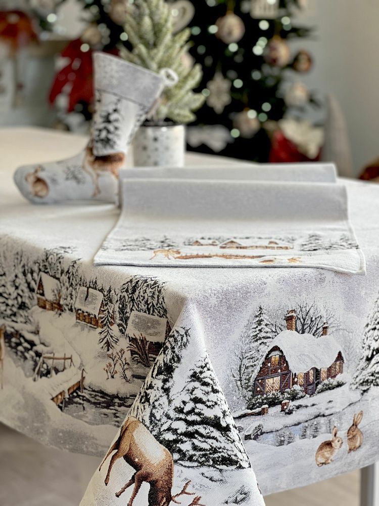 Новорічна скатертина LiMaSo Гобелен WINTER-240 (Срібний люрекс)