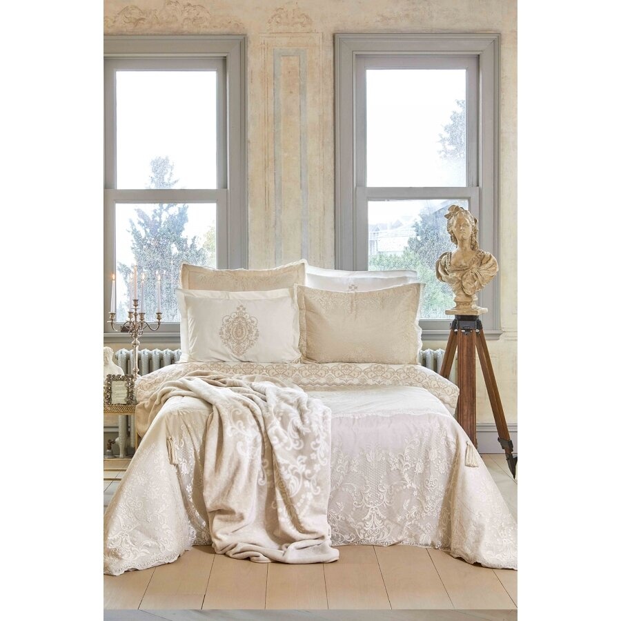 Набор постельное белье с покрывалом + плед Karaca Home - Desire bej