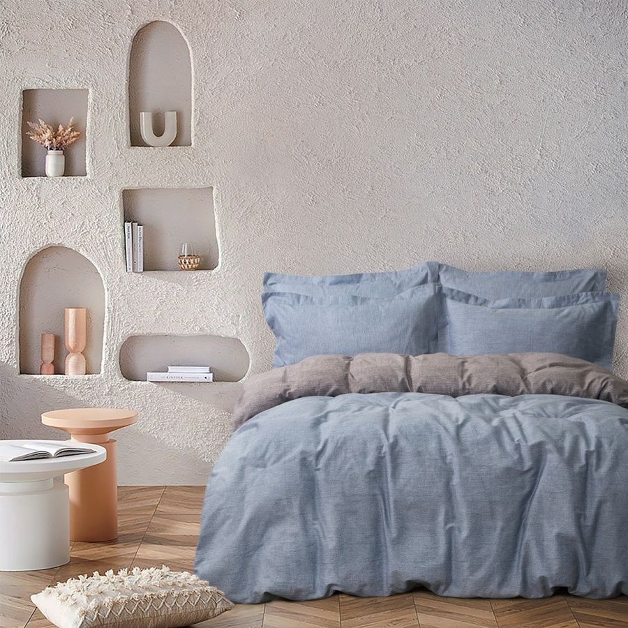 Постельное белье сатин premium Lotus Home - Basic голубой/кофе