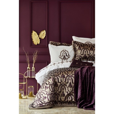Набор постельное белье с покрывалом + плед Karaca Home - Morocco purple-gold