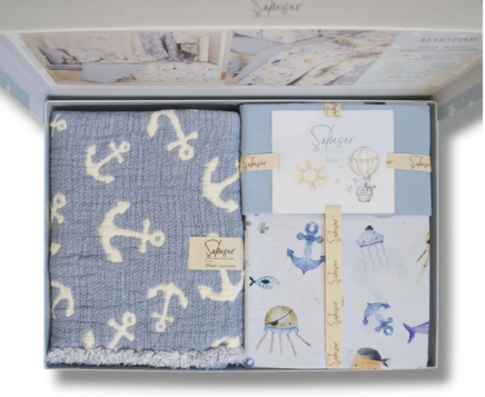 Постільна білизна з покривалом-муслін Saheser Baby Pique Set  Maritime Mavi