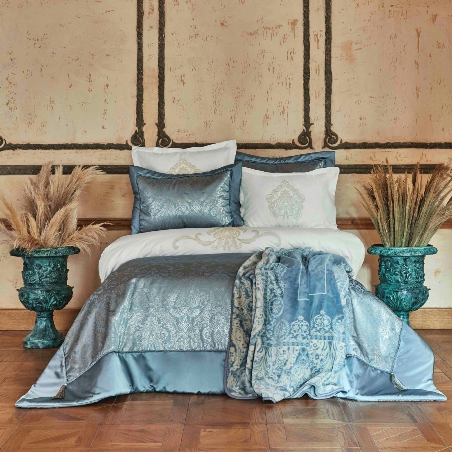 Набір постільна білизна з покривалом + плед Karaca Home - Ofelia mavi блакитний (10 предметів)