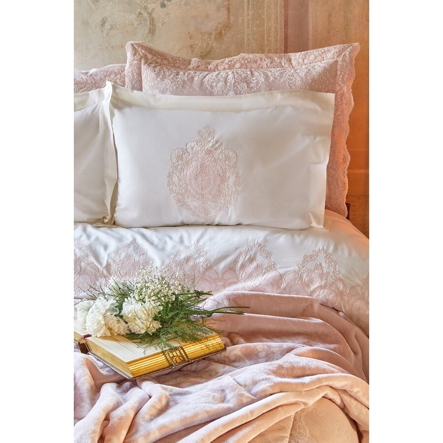 Набір постільна білизна з покривалом + плед Karaca Home - Desire pudra