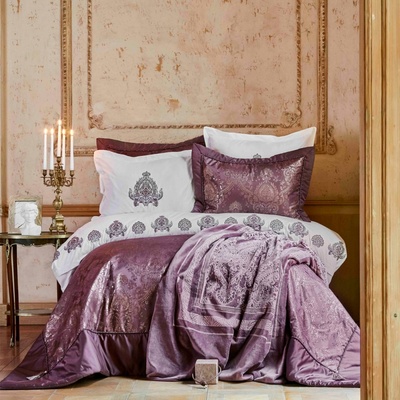 Набор постельное белье с покрывалом + плед Karaca Home - Ilona murdum сиреневый (10 предметов)