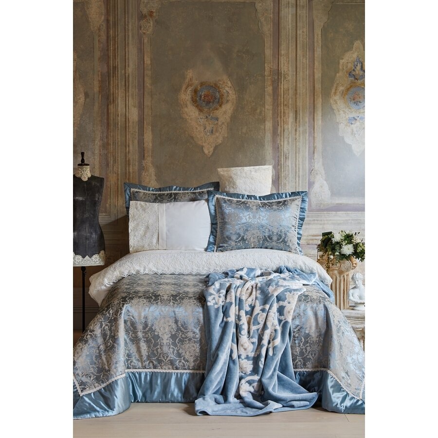 Набор постельное белье с покрывалом + плед Karaca Home - Trella mavi
